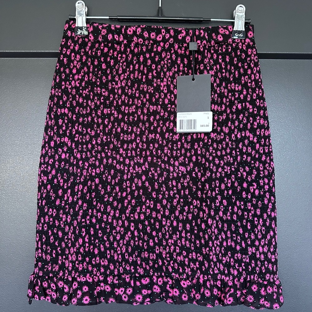 NWT | The Kooples | Black and Pink Daisy Dots | Ruched Mini Skirt - Picture 4 of 10